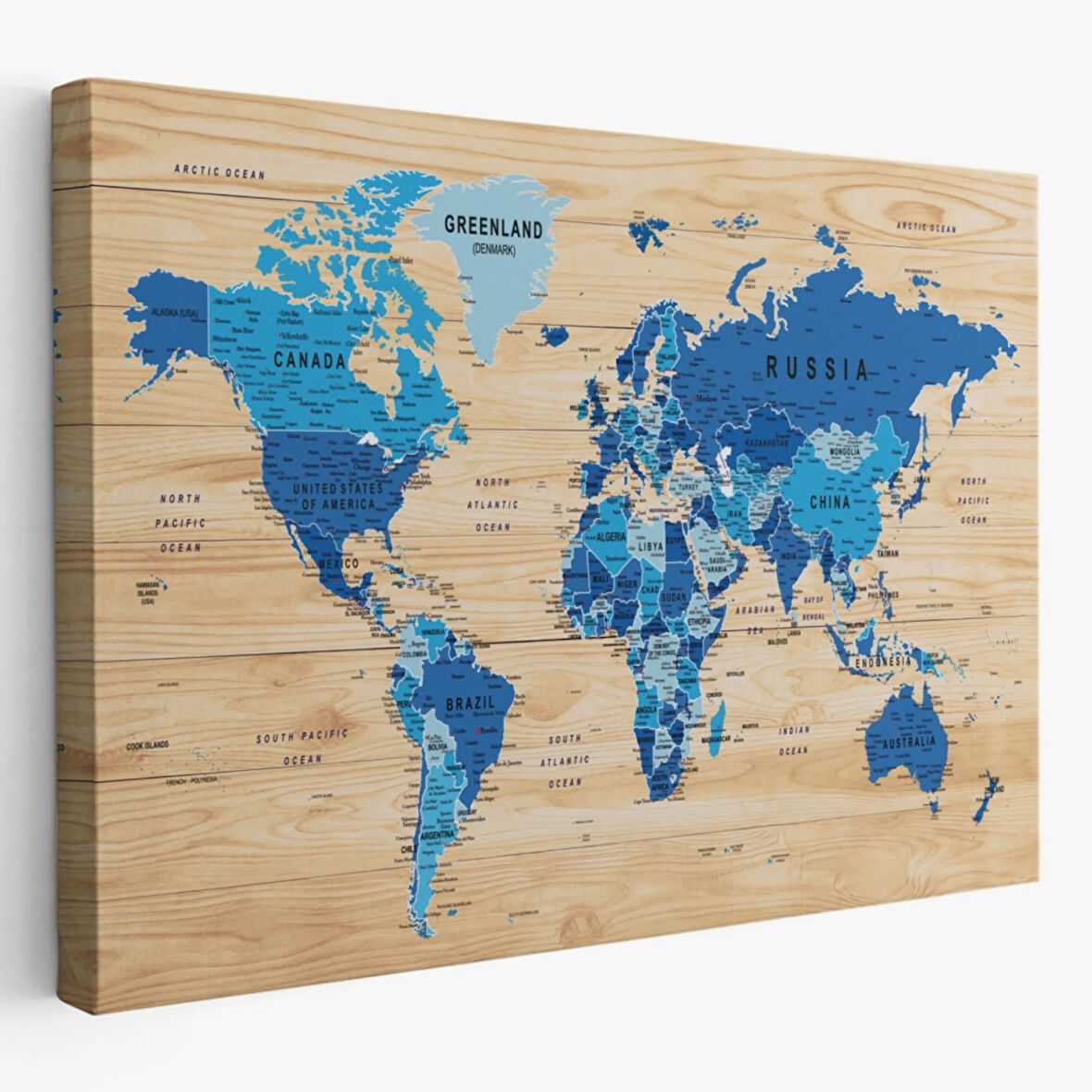 Detaylı Ahşap Görünümlü İngilizce Dünya Haritası Dekoratif Kanvas Tablo, Duvar Dekoru 1788