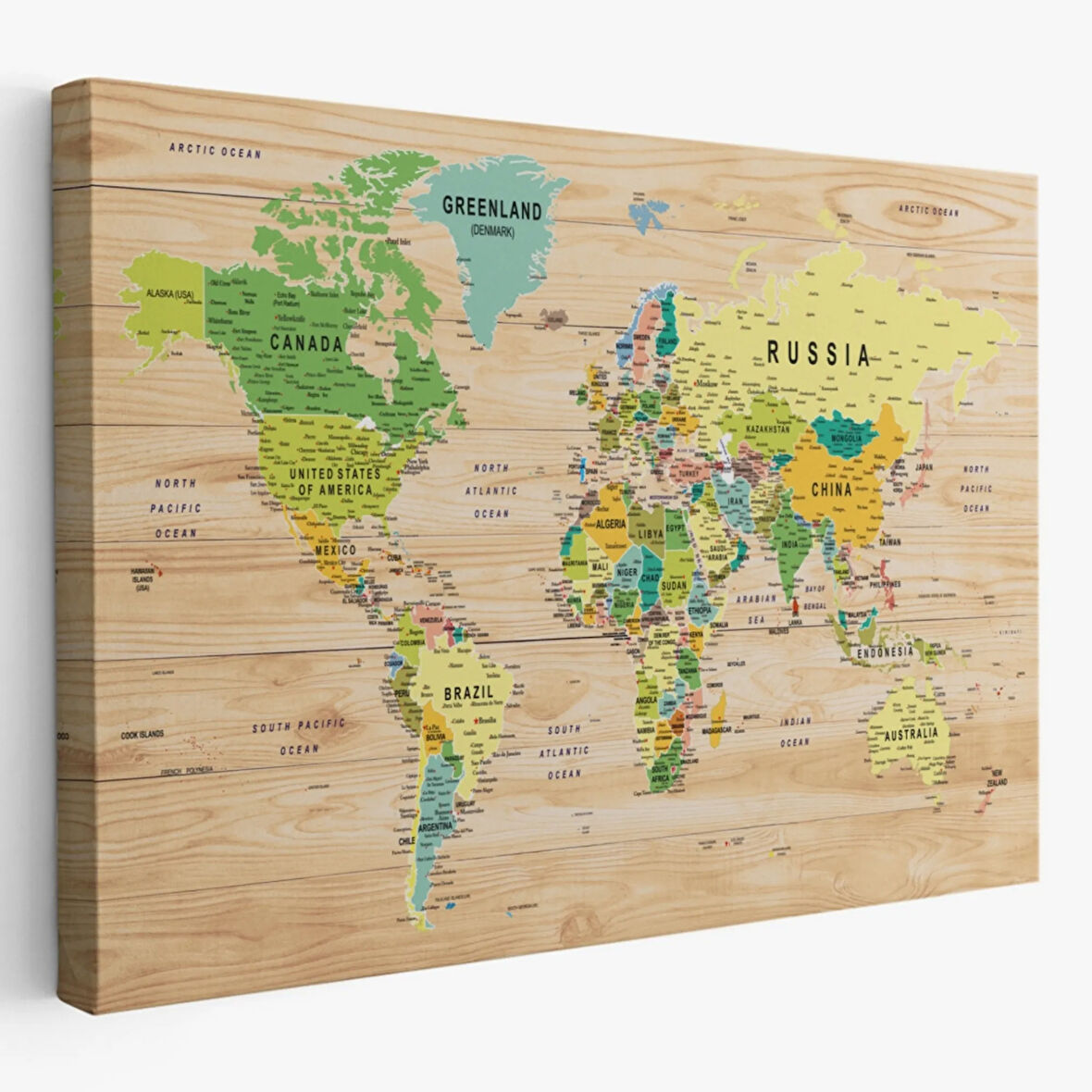 Detaylı Ahşap Görünümlü İngilizce Dünya Haritası Dekoratif Kanvas Tablo, Duvar Dekoru 1791
