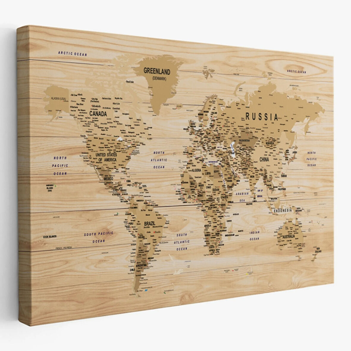 Detaylı Ahşap Görünümlü İngilizce Dünya Haritası Dekoratif Kanvas Tablo, Duvar Dekoru 1810