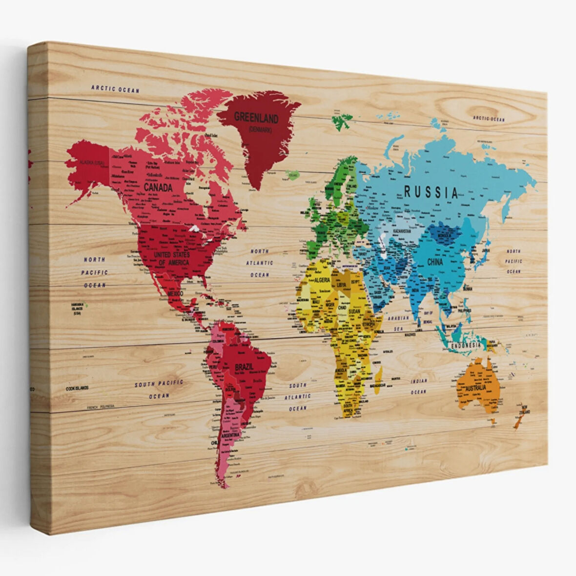 Detaylı Ahşap Görünümlü İngilizce Dünya Haritası Dekoratif Kanvas Tablo, Duvar Dekoru 1812