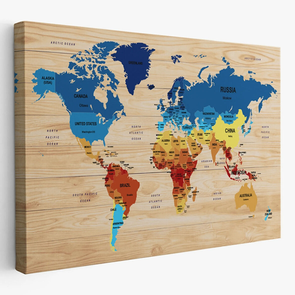 Ülke Başkentli Ahşap Görünümlü İngilizce Dünya Haritası Dekoratif Kanvas Tablo, Duvar Dekoru 1821