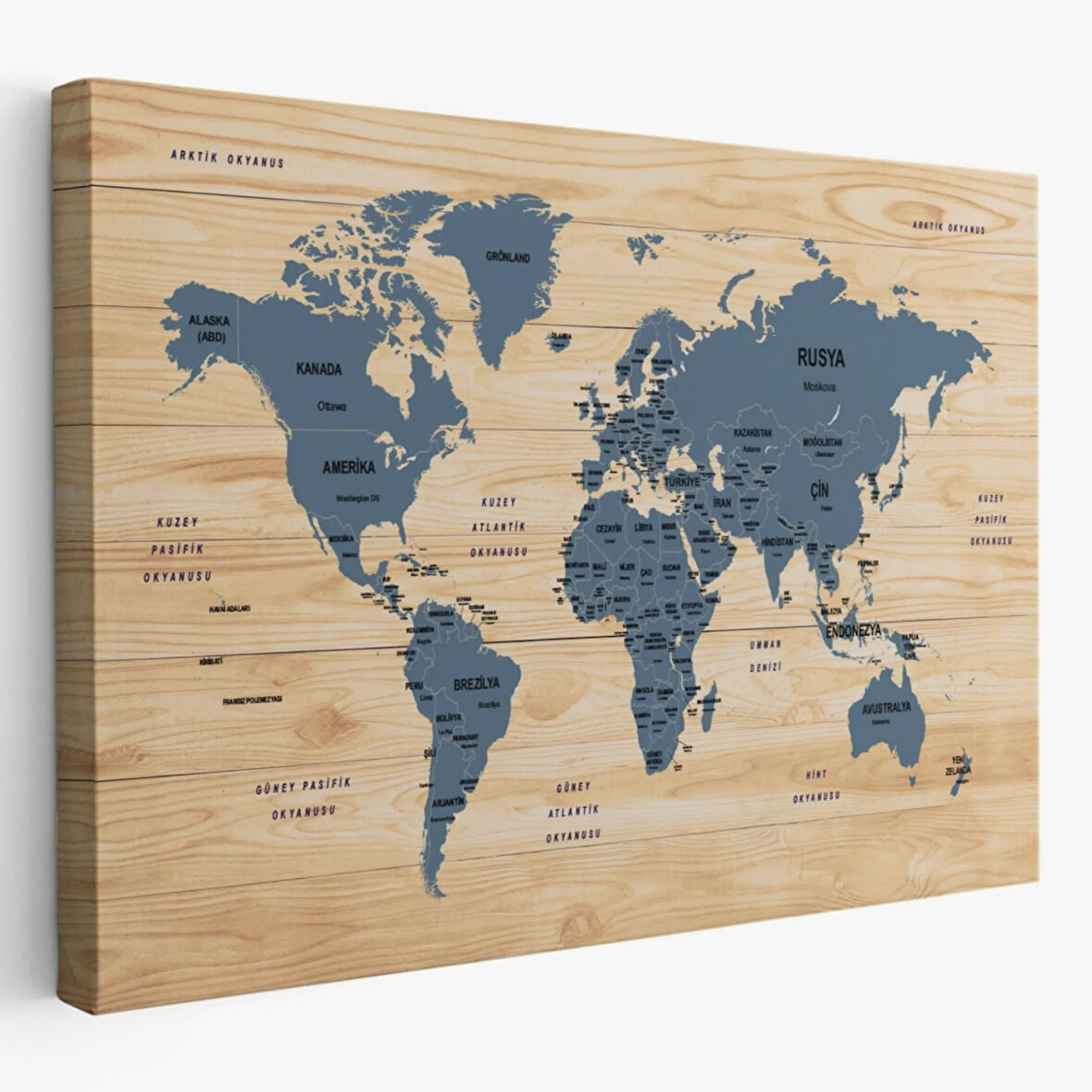 Ülke Başkentli Ahşap Görünümlü Türkçe Dünya Haritası Dekoratif Kanvas Tablo, Duvar Dekoru 1842