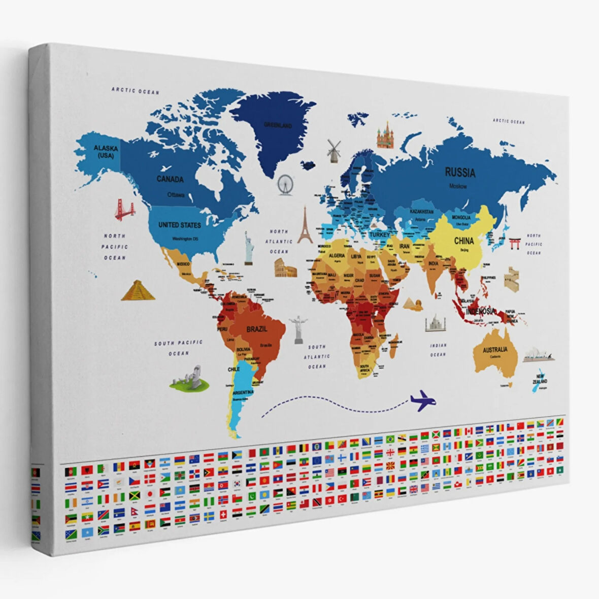 Ülke Başkentli ve Bayraklı İngilizce Dünya Haritası Dekoratif Kanvas Tablo, Duvar Dekoru 1899