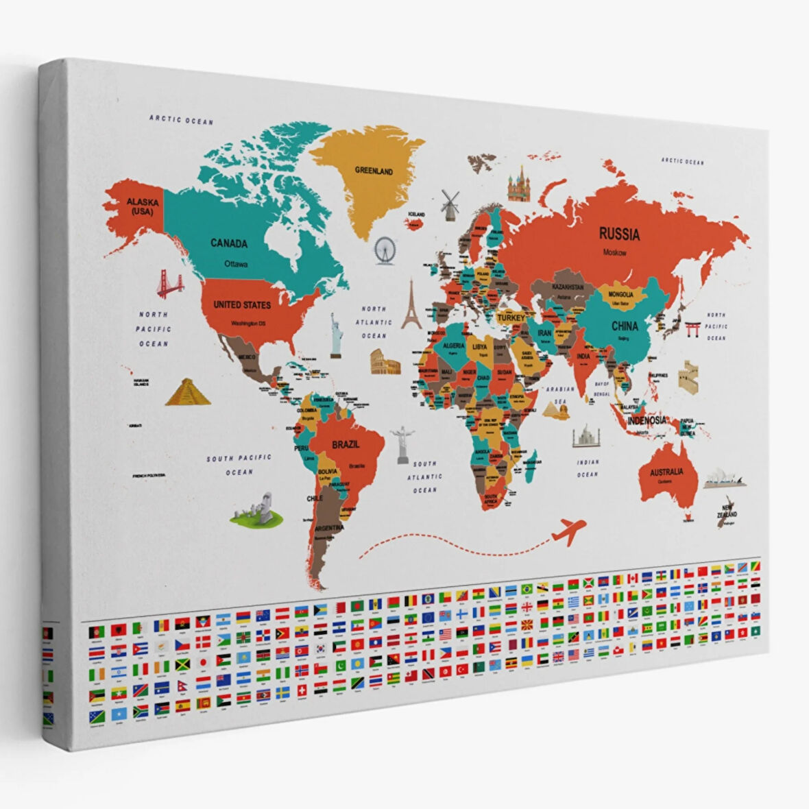Ülke Başkentli ve Bayraklı İngilizce Dünya Haritası Dekoratif Kanvas Tablo, Duvar Dekoru 1923