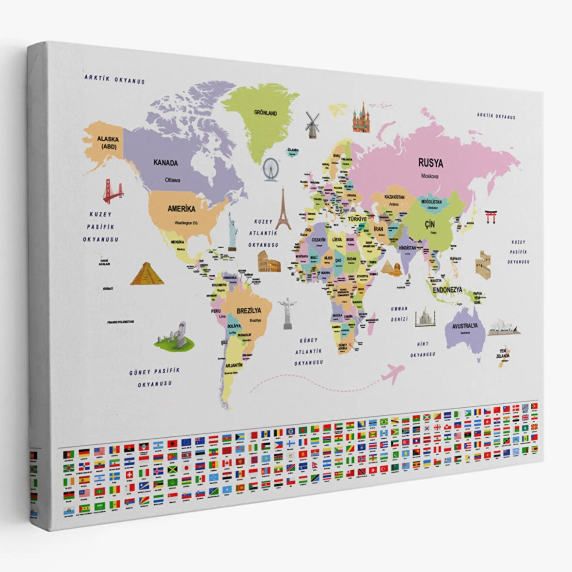 Ülke Başkentli ve Bayraklı Türkçe Dünya Haritası Dekoratif Kanvas Tablo, Duvar Dekoru 1924
