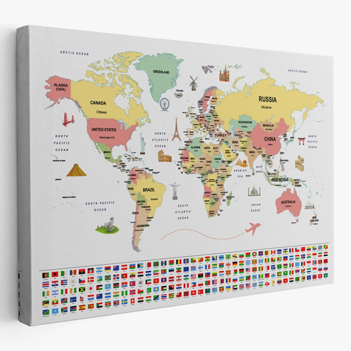Ülke Başkentli ve Bayraklı İngilizce Dünya Haritası Dekoratif Kanvas Tablo, Duvar Dekoru 1945