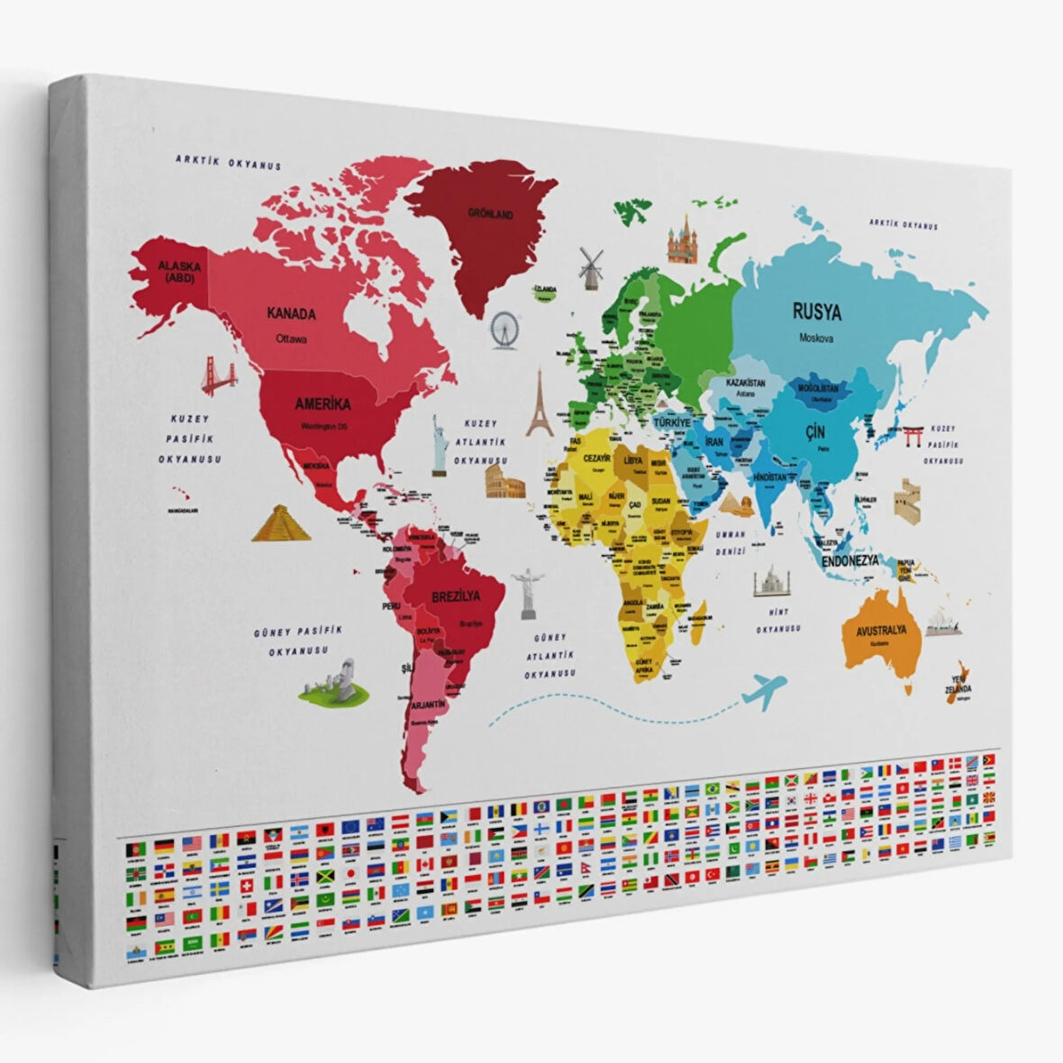 Ülke Bayrakları, Ünlü Yerler, Türkçe Dünya Haritası Dekoratif Kanvas Tablo, Duvar Dekoru 1958