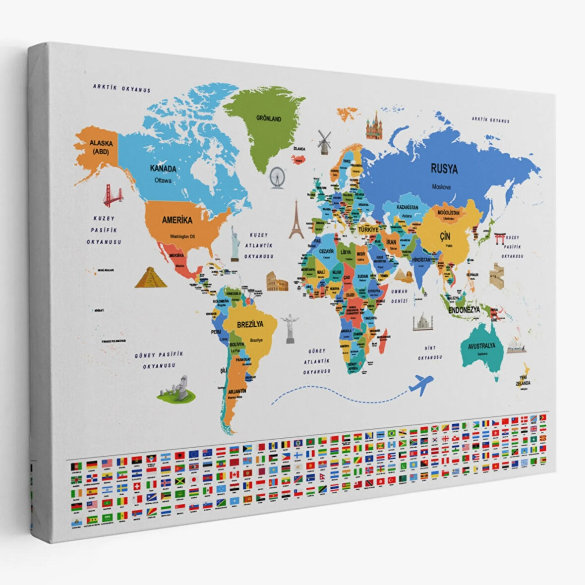 Ülke Başkentli ve Bayraklı Türkçe Dünya Haritası Dekoratif Kanvas Tablo, Duvar Dekoru 1966