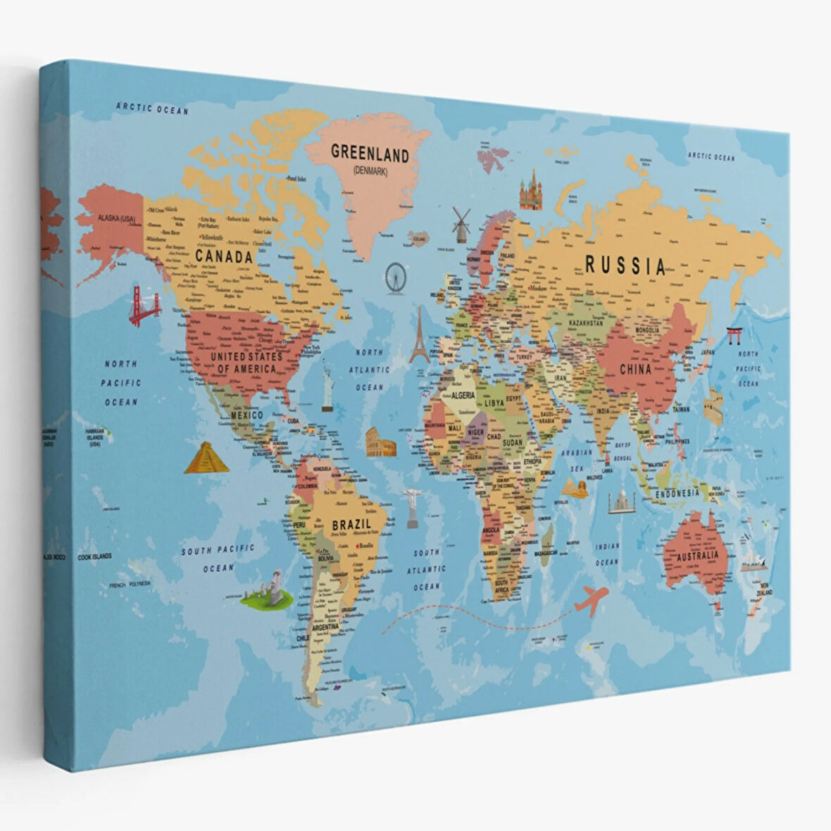 Detaylı İngilizce Dünya Haritası, Harita Dekoratif Kanvas Tablo, Duvar Dekoru 2015