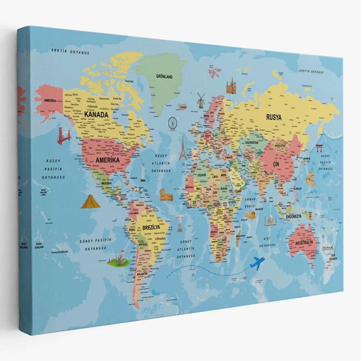 Detaylı Türkçe Dünya Haritası, Harita Dekoratif Kanvas Tablo, Duvar Dekoru 2018