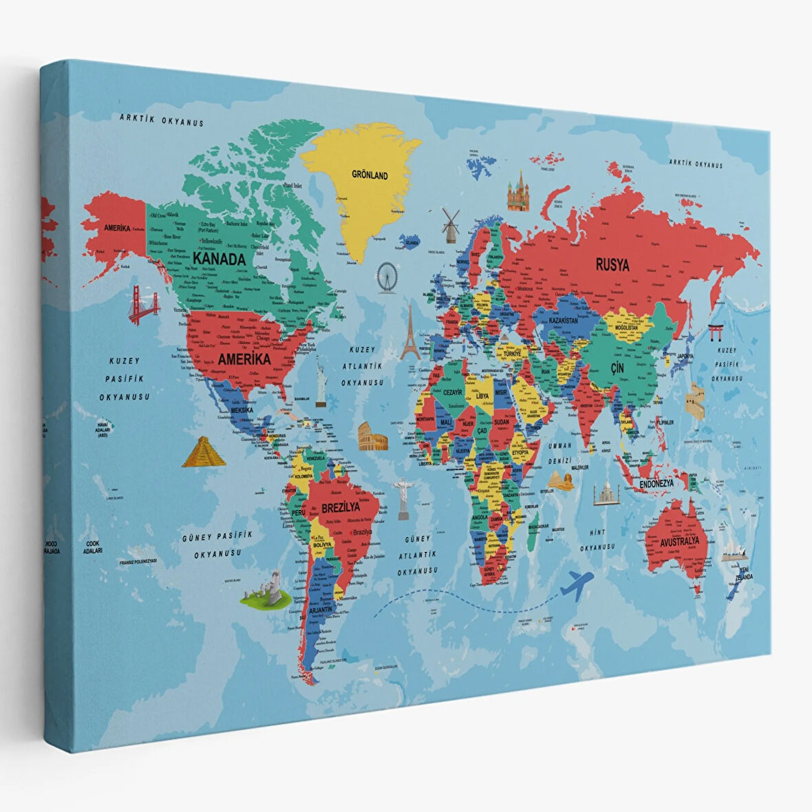 Ünlü Yerler ve Sembolleri Eğitici Türkçe Dünya Haritası Dekoratif Kanvas Tablo, Duvar Dekoru 2020