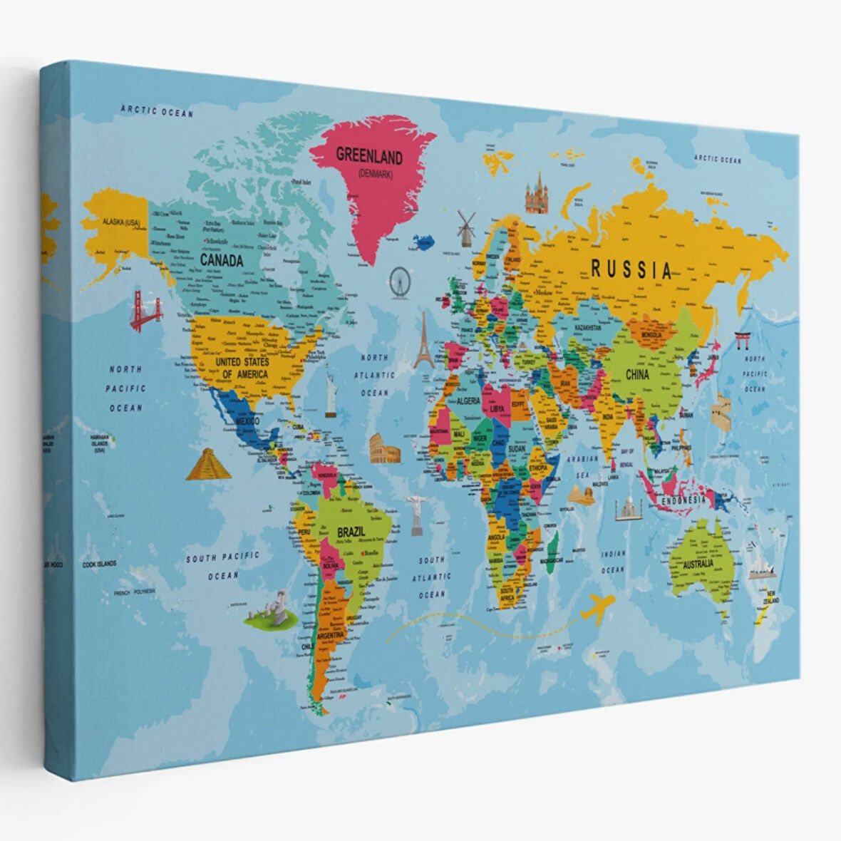 Detaylı İngilizce Dünya Haritası, Harita Dekoratif Kanvas Tablo, Duvar Dekoru 2023