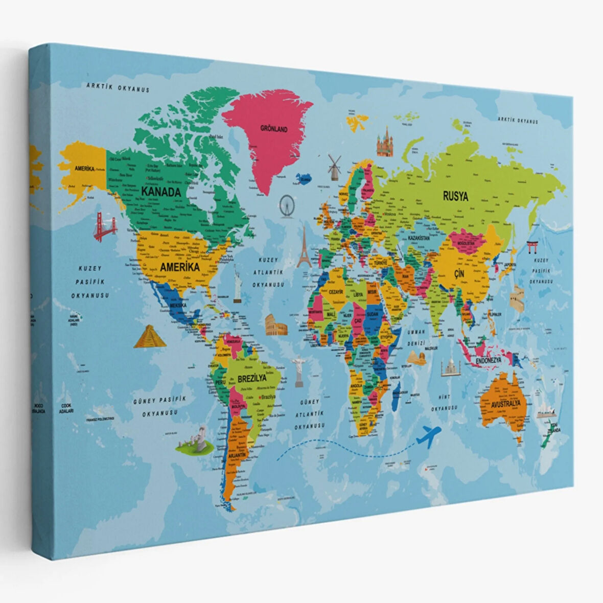 Detaylı Türkçe Dünya Haritası, Harita Dekoratif Kanvas Tablo, Duvar Dekoru 2024