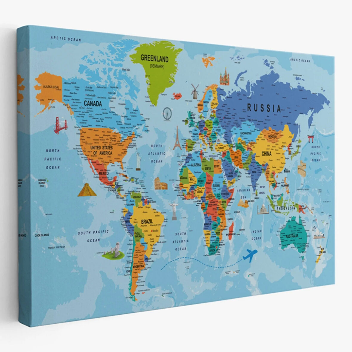 Detaylı İngilizce Dünya Haritası, Harita Dekoratif Kanvas Tablo, Duvar Dekoru 2041