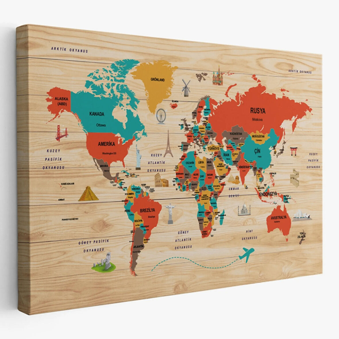 Detaylı Ahşap Görünümlü Türkçe Dünya Haritası Dekoratif Kanvas Tablo, Duvar Dekoru 2070