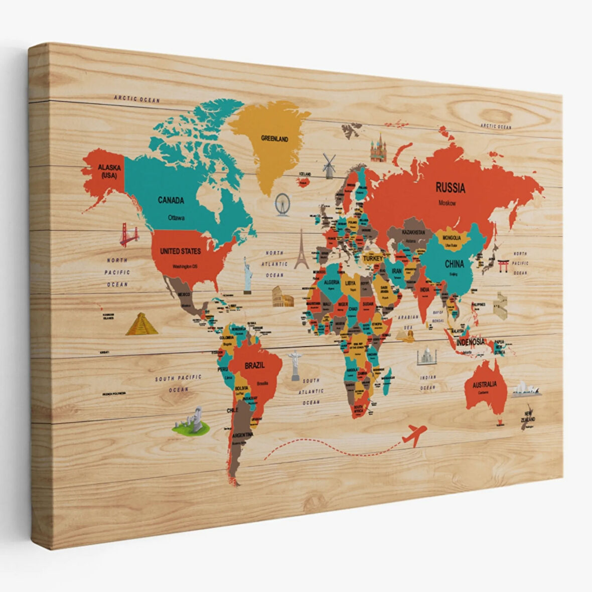 Detaylı Ahşap Görünümlü İngilizce Dünya Haritası Dekoratif Kanvas Tablo, Duvar Dekoru 2071