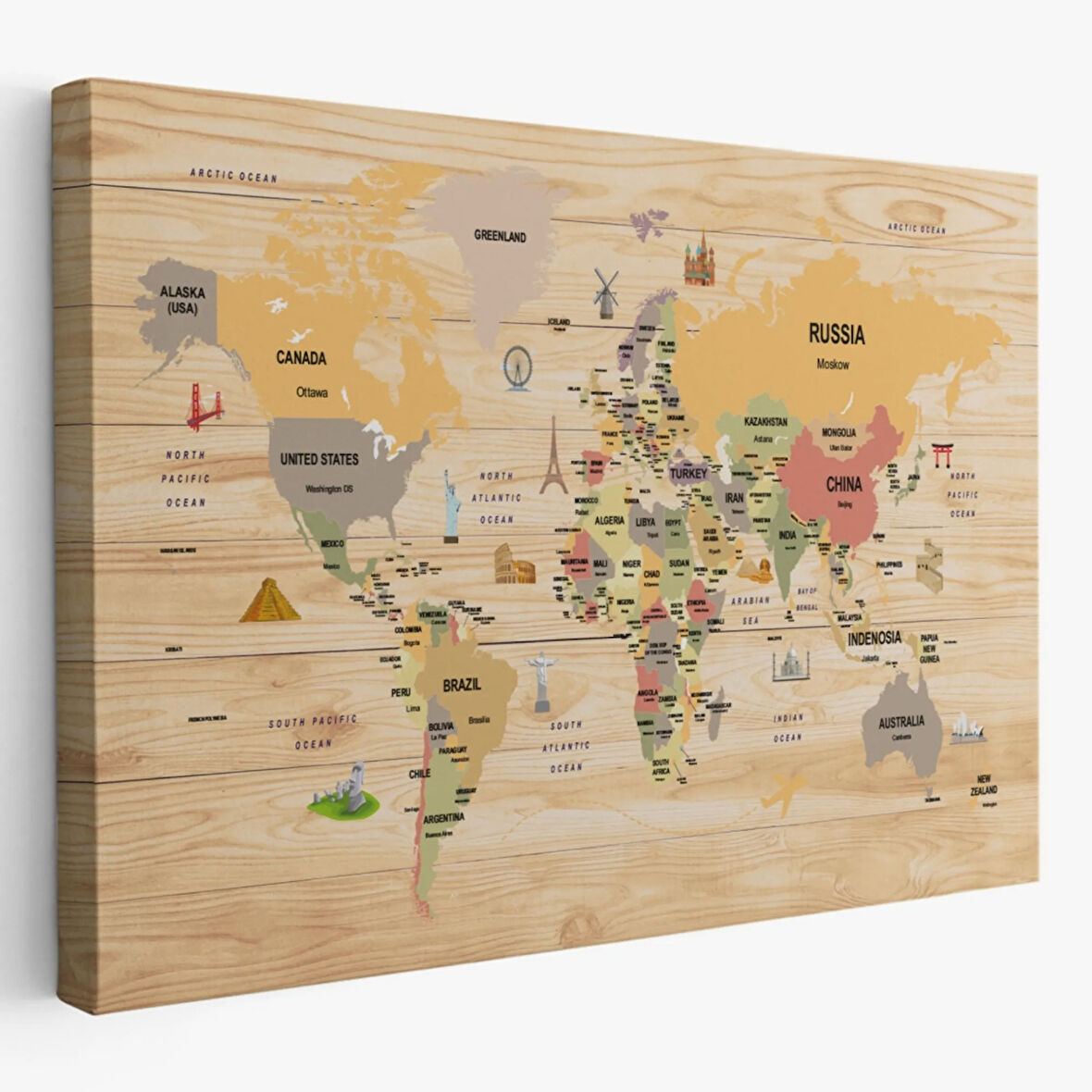 Detaylı Ahşap Görünümlü İngilizce Dünya Haritası Dekoratif Kanvas Tablo, Duvar Dekoru 2083