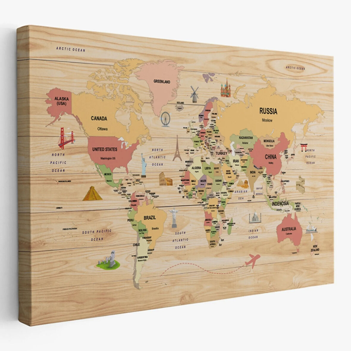 Detaylı Ahşap Görünümlü İngilizce Dünya Haritası Dekoratif Kanvas Tablo, Duvar Dekoru 2089