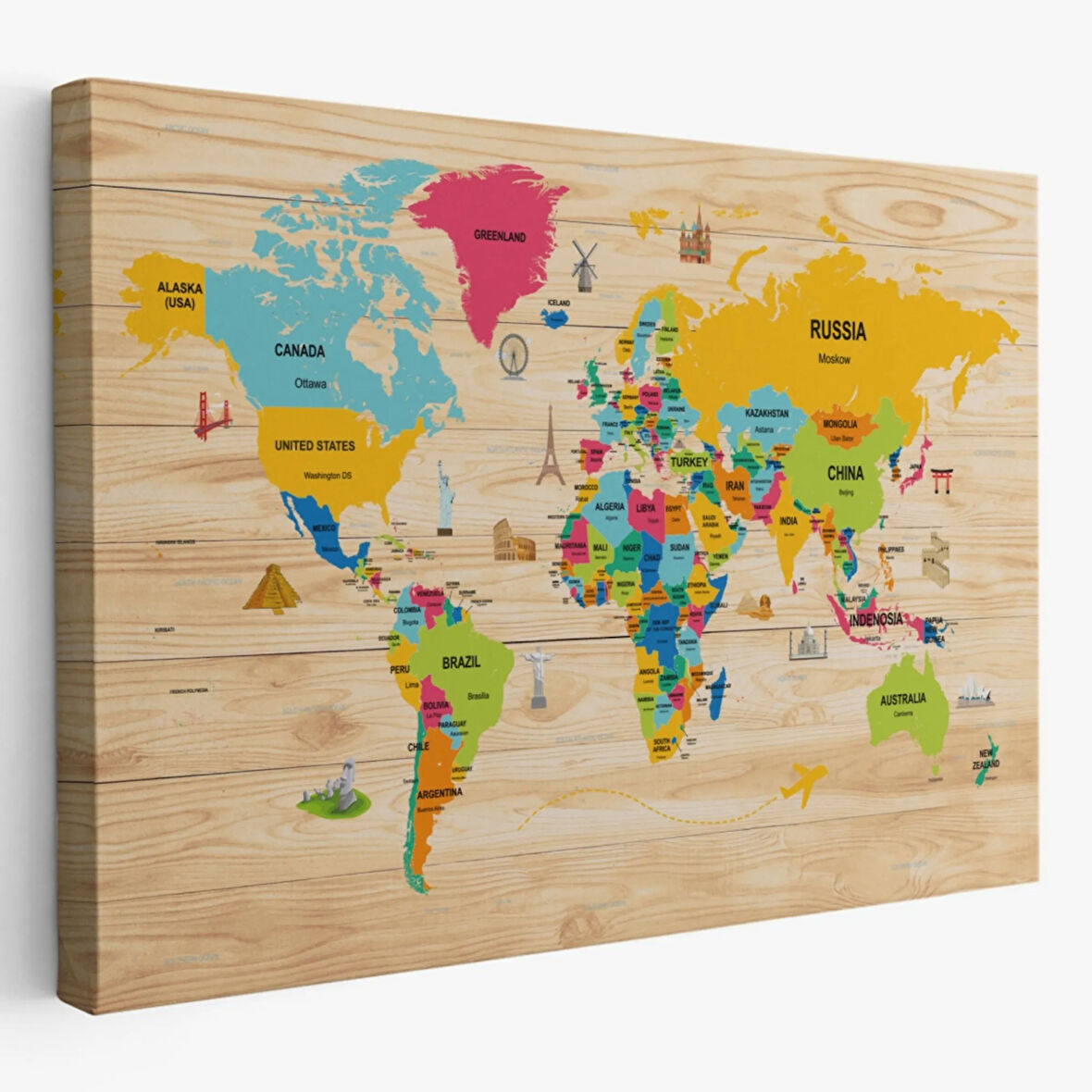 Detaylı Ahşap Görünümlü İngilizce Dünya Haritası Dekoratif Kanvas Tablo, Duvar Dekoru 2097