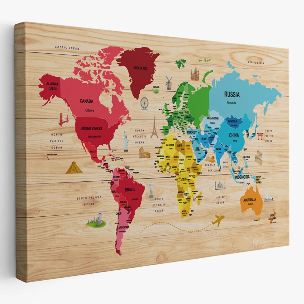 Detaylı Ahşap Görünümlü İngilizce Dünya Haritası Dekoratif Kanvas Tablo, Duvar Dekoru 2107