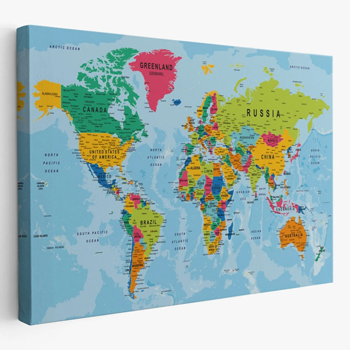 Detaylı Okyanuslu İngilizce Dünya Haritası, Harita Dekoratif Kanvas Tablo, Duvar Dekoru 2173