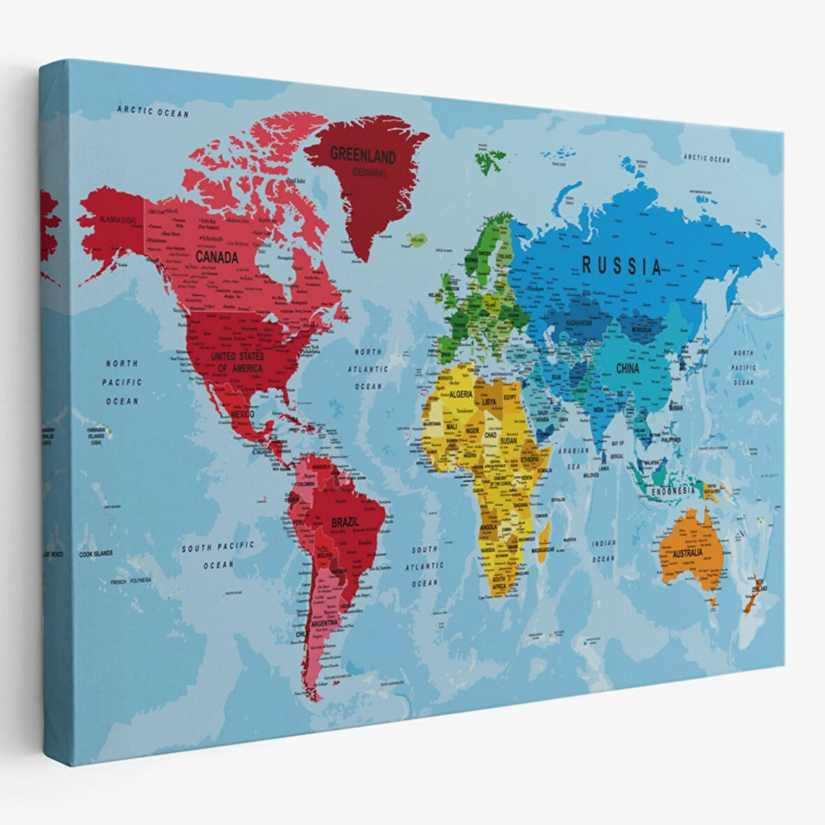 Detaylı Okyanuslu İngilizce Dünya Haritası, Harita Dekoratif Kanvas Tablo, Duvar Dekoru 2181