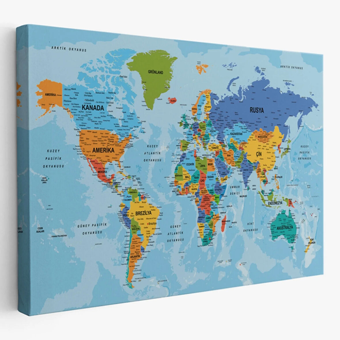 Detaylı Okyanuslu İngilizce Dünya Haritası, Harita Dekoratif Kanvas Tablo, Duvar Dekoru 2188