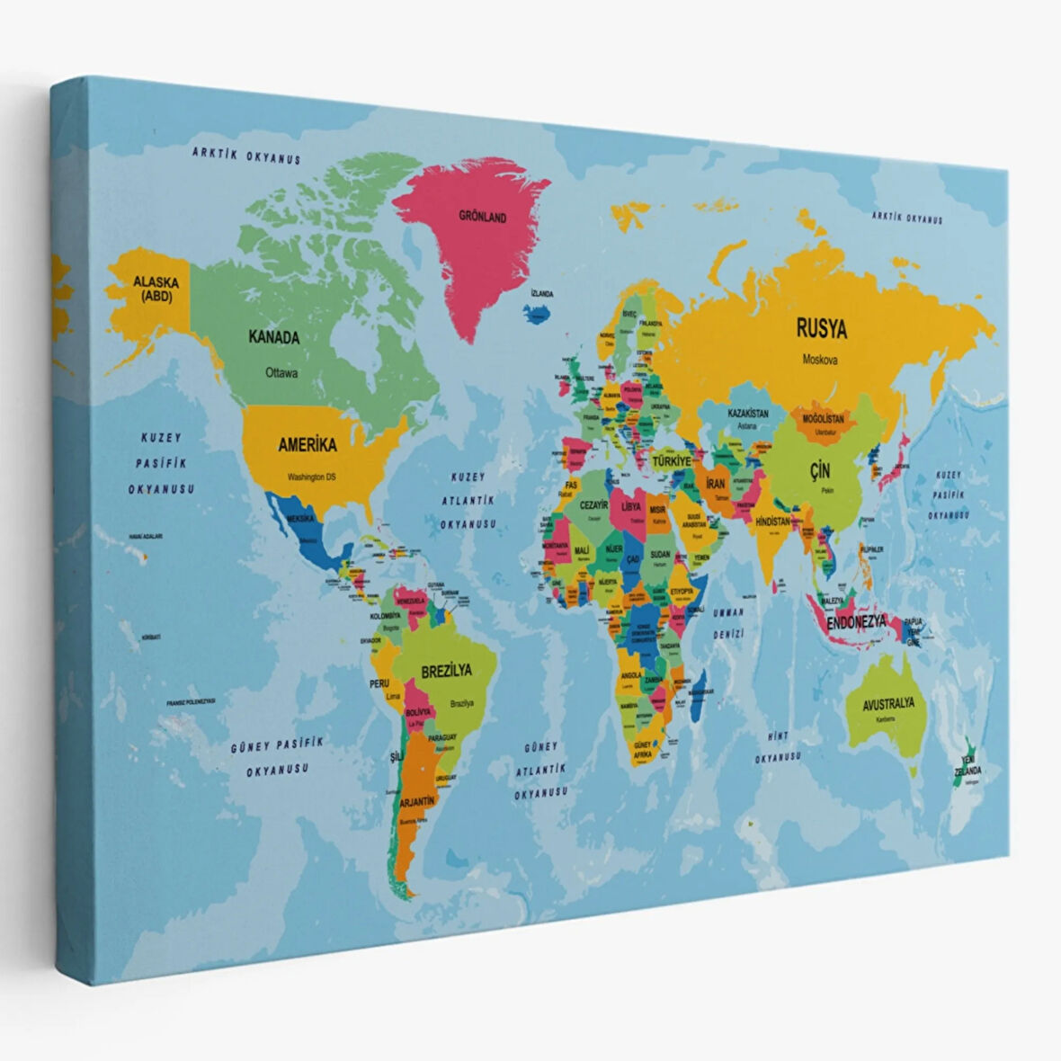 Ülke Başkentli Okyanuslu Türkçe Dünya Haritası Dekoratif Kanvas Tablo, Duvar Dekoru 2242