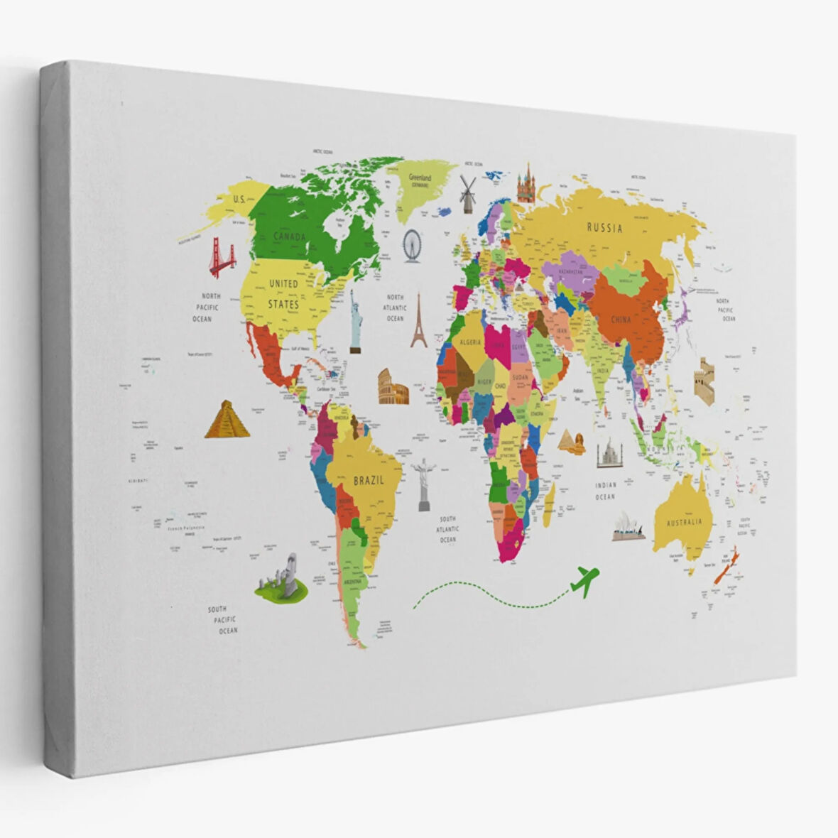 Ülke Başkent Sembollü Eğitici İngilizce Dünya Haritası Dekoratif Kanvas Tablo, Duvar Dekoru 2287