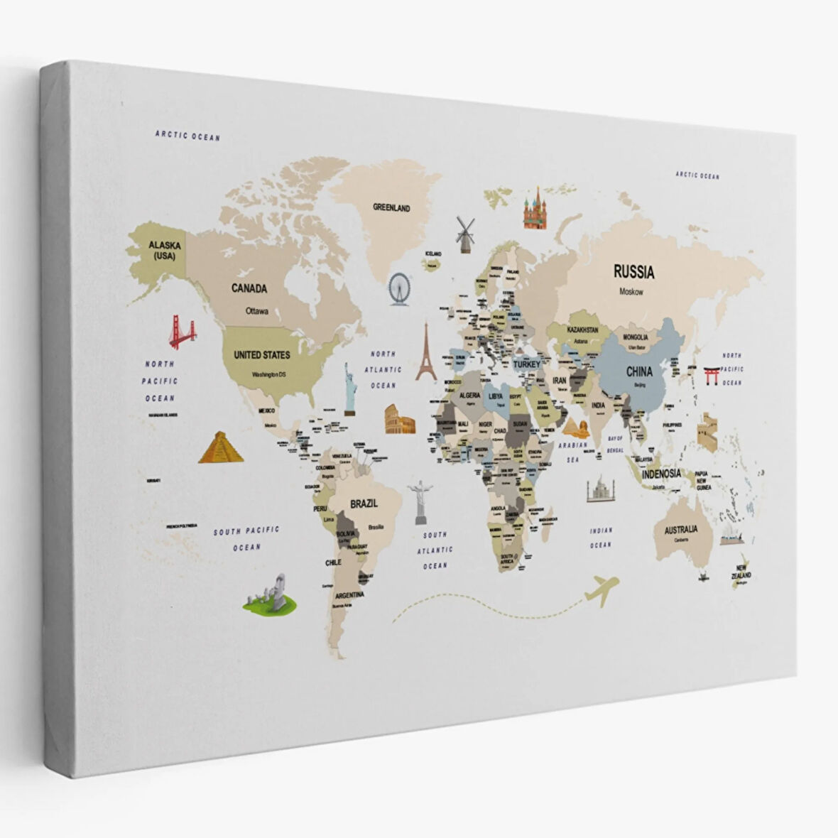 Ülke Başkent Sembollü Eğitici İngilizce Dünya Haritası Dekoratif Kanvas Tablo, Duvar Dekoru 2301