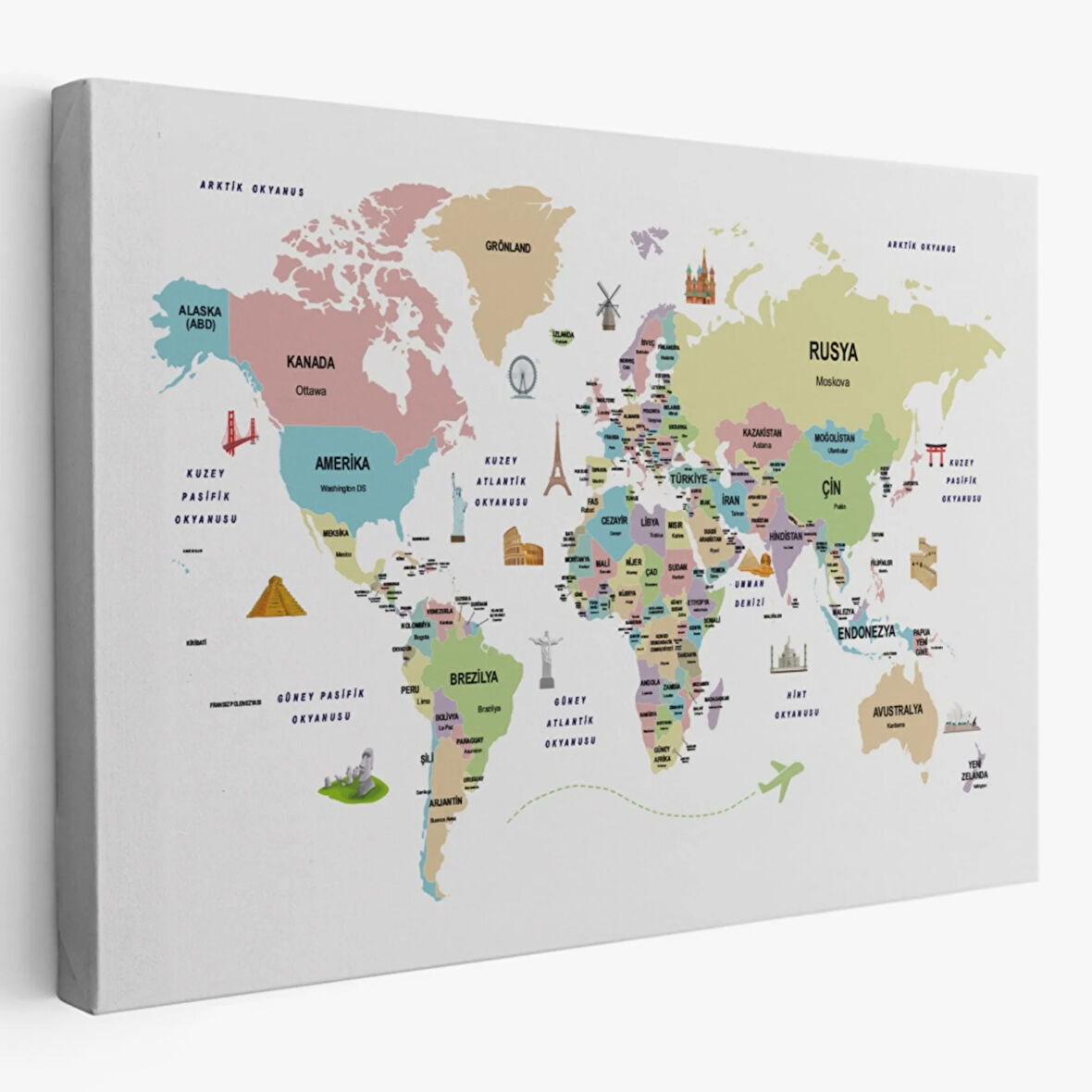 Ülke Başkent Sembollü Eğitici Türkçe Dünya Haritası Dekoratif Kanvas Tablo, Duvar Dekoru 2306