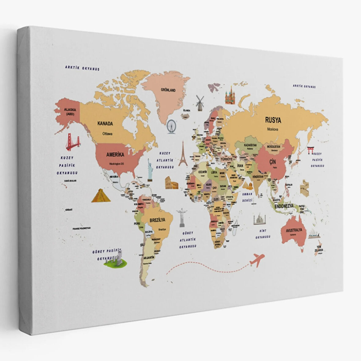 Ülke Başkent Sembollü Eğitici Türkçe Dünya Haritası Dekoratif Kanvas Tablo, Duvar Dekoru 2308