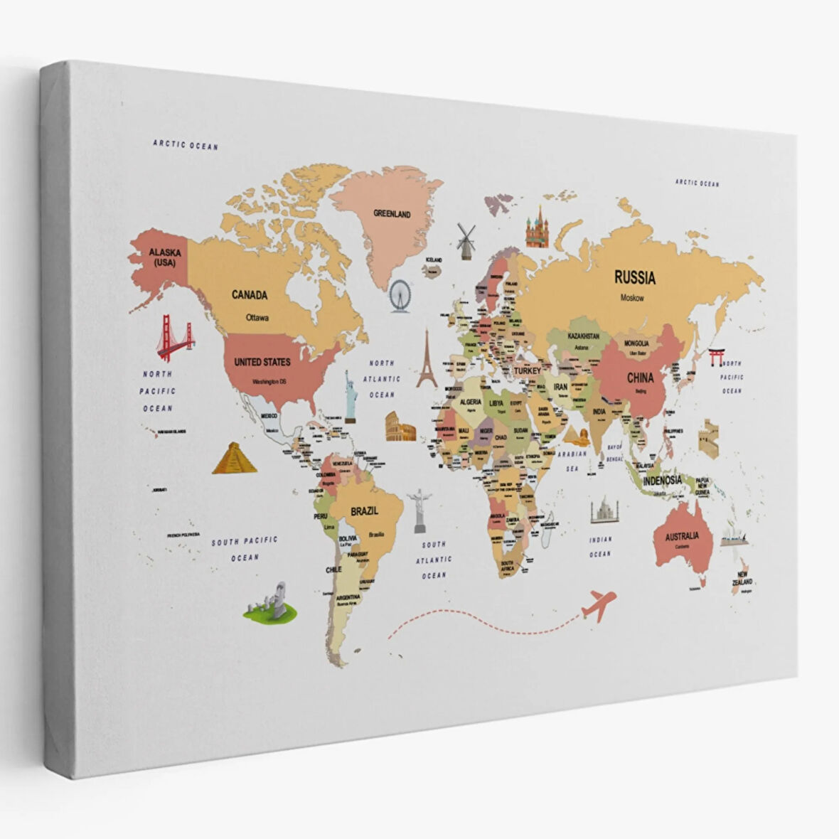 Ülke Başkent Sembollü Eğitici İngilizce Dünya Haritası Dekoratif Kanvas Tablo, Duvar Dekoru 2309