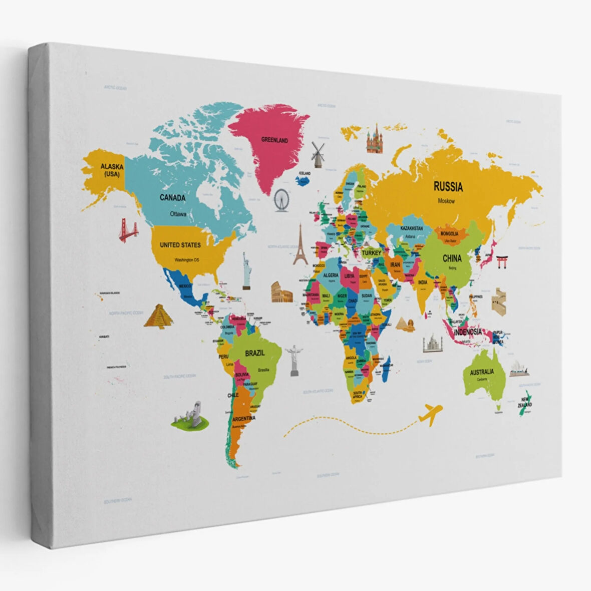 Ülke Başkent Sembollü Eğitici İngilizce Dünya Haritası Dekoratif Kanvas Tablo, Duvar Dekoru 2317