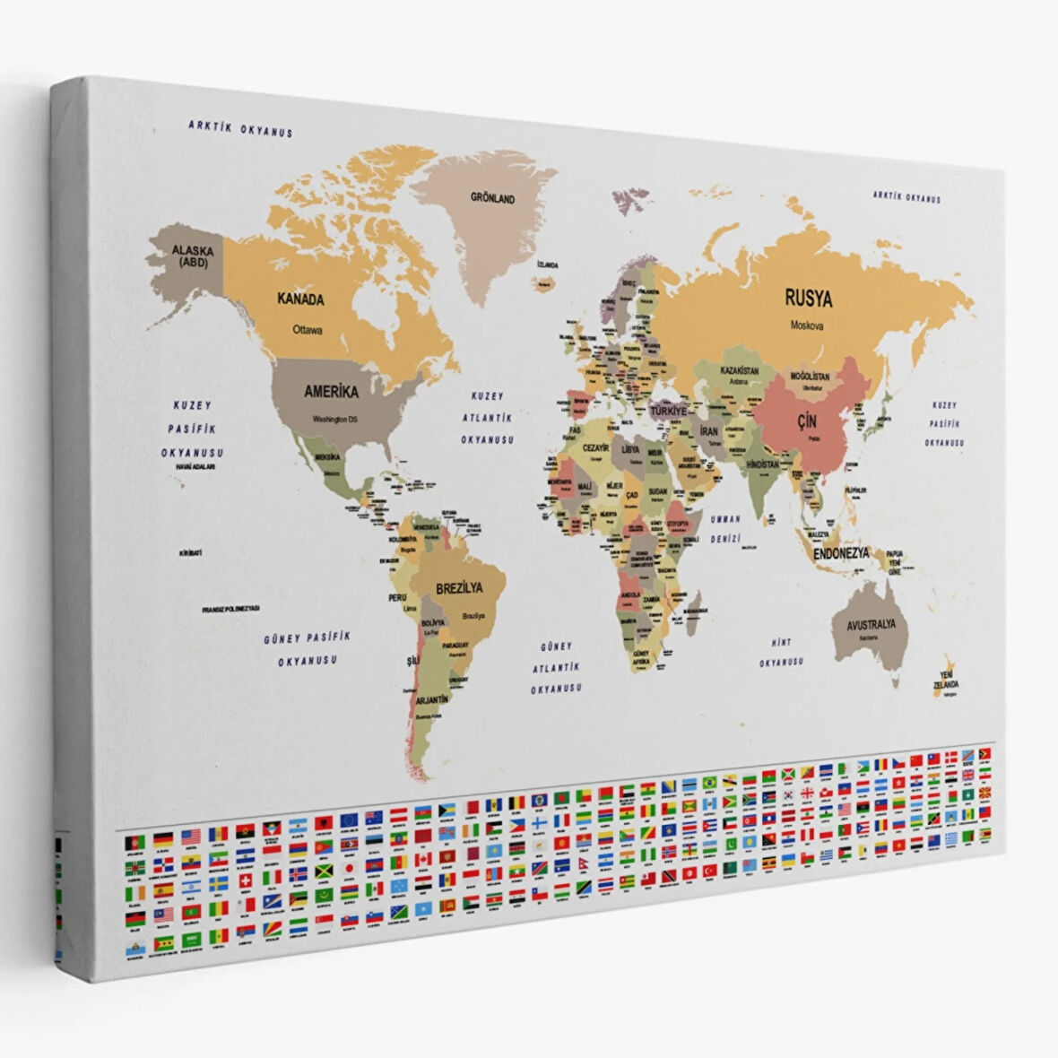 Ülke Bayraklı Eğitici Türkçe Dünya Haritası, Harita Dekoratif Kanvas Tablo, Duvar Dekoru 2380