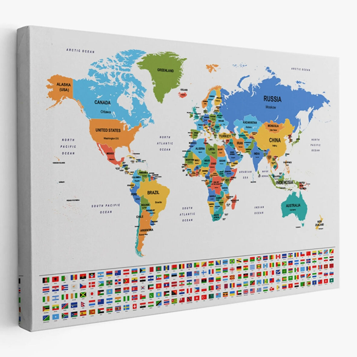 Ülke Bayraklı Eğitici İngilizce Dünya Haritası, Harita Dekoratif Kanvas Tablo, Duvar Dekoru 2413