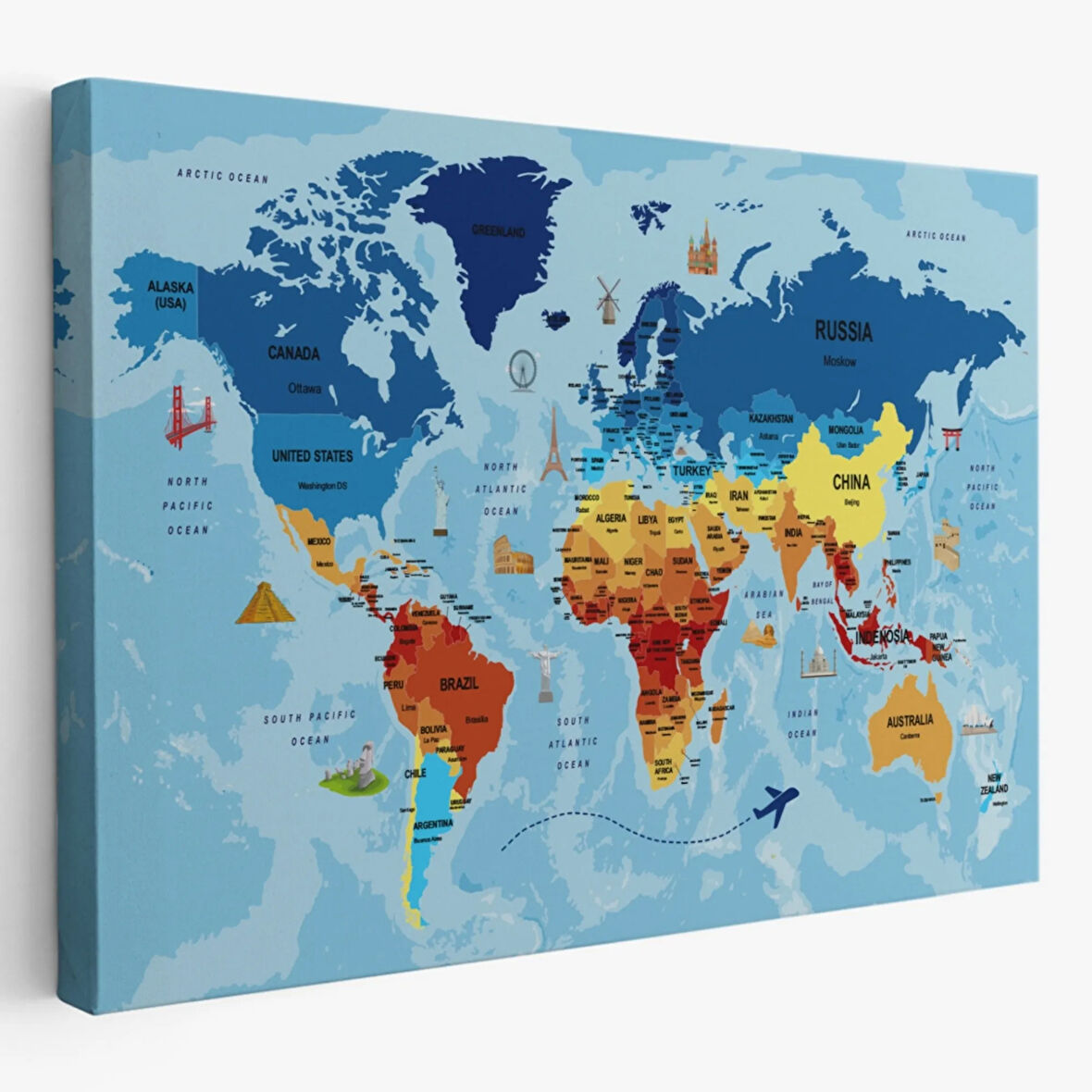 Sembollü ve Okyanuslu Eğitici İngilizce Dünya Haritası Dekoratif Kanvas Tablo, Duvar Dekoru 2423