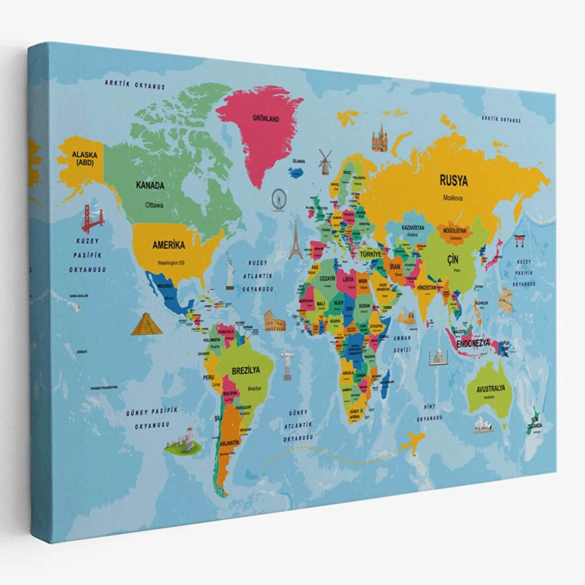 Sembollü ve Okyanuslu Eğitici Türkçe Dünya Haritası Dekoratif Kanvas Tablo, Duvar Dekoru 2470
