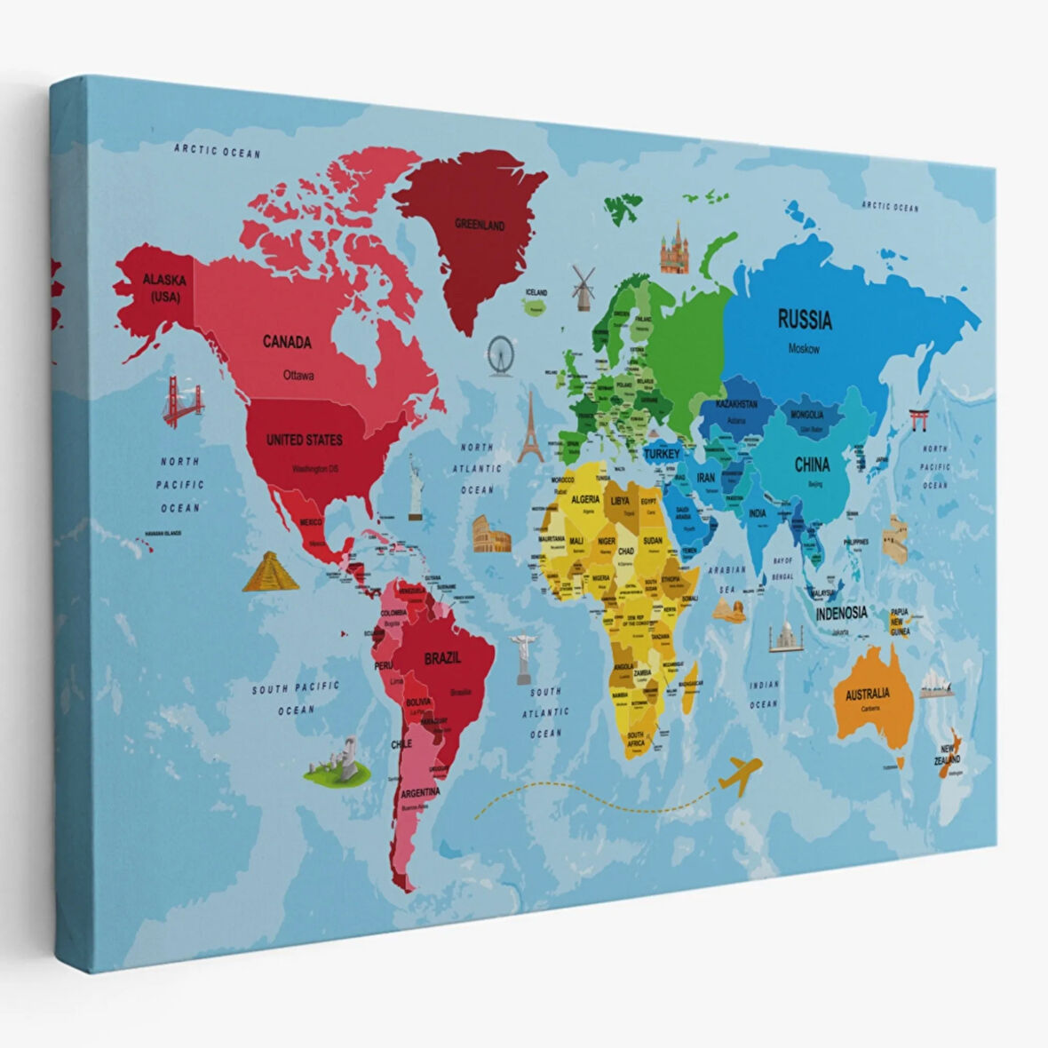 Sembollü ve Okyanuslu Eğitici Türkçe Dünya Haritası Dekoratif Kanvas Tablo, Duvar Dekoru 2480