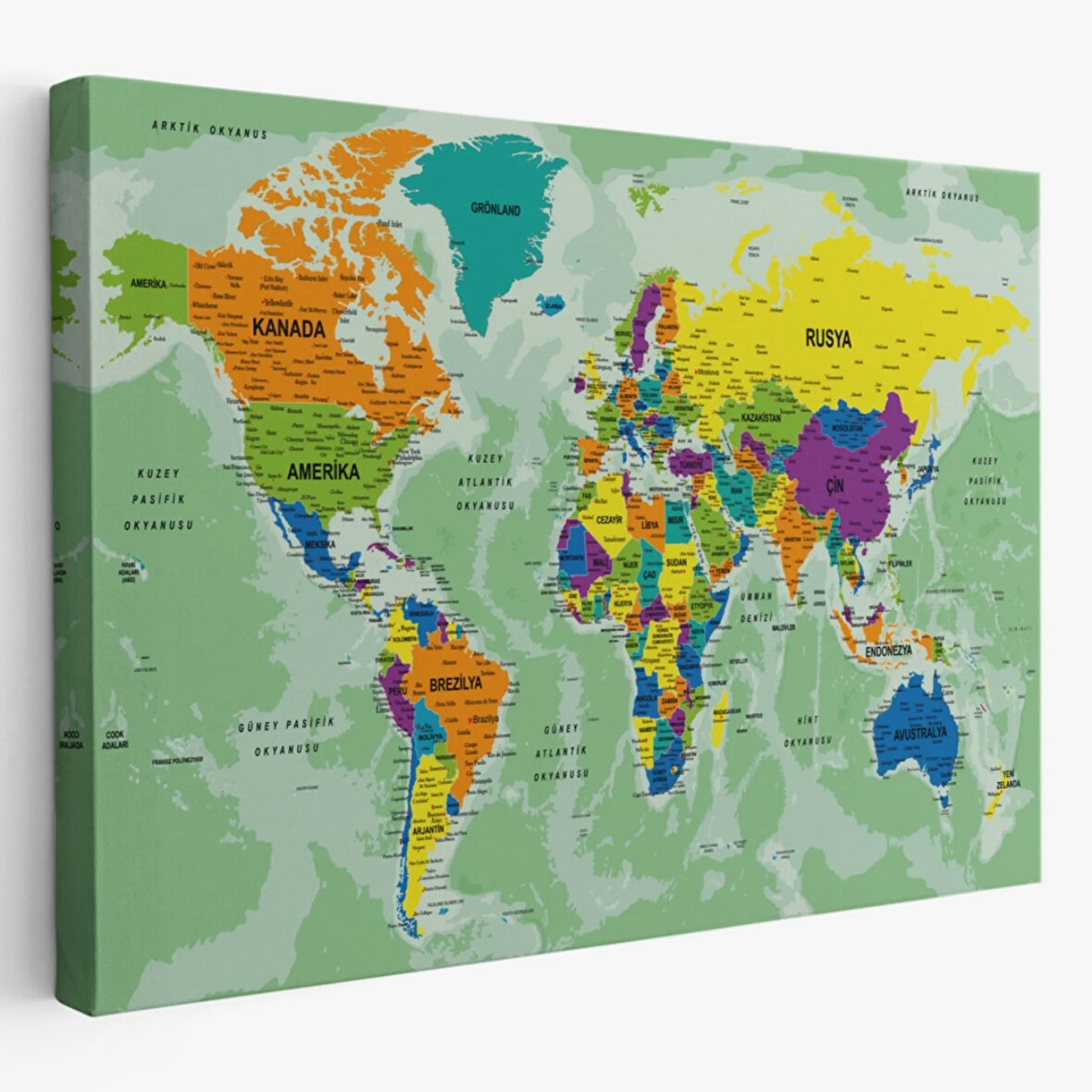 Okyanus Detaylı Eğitici Öğretici Türkçe Dünya Haritası Dekoratif Kanvas Tablo, Duvar Dekoru 2502