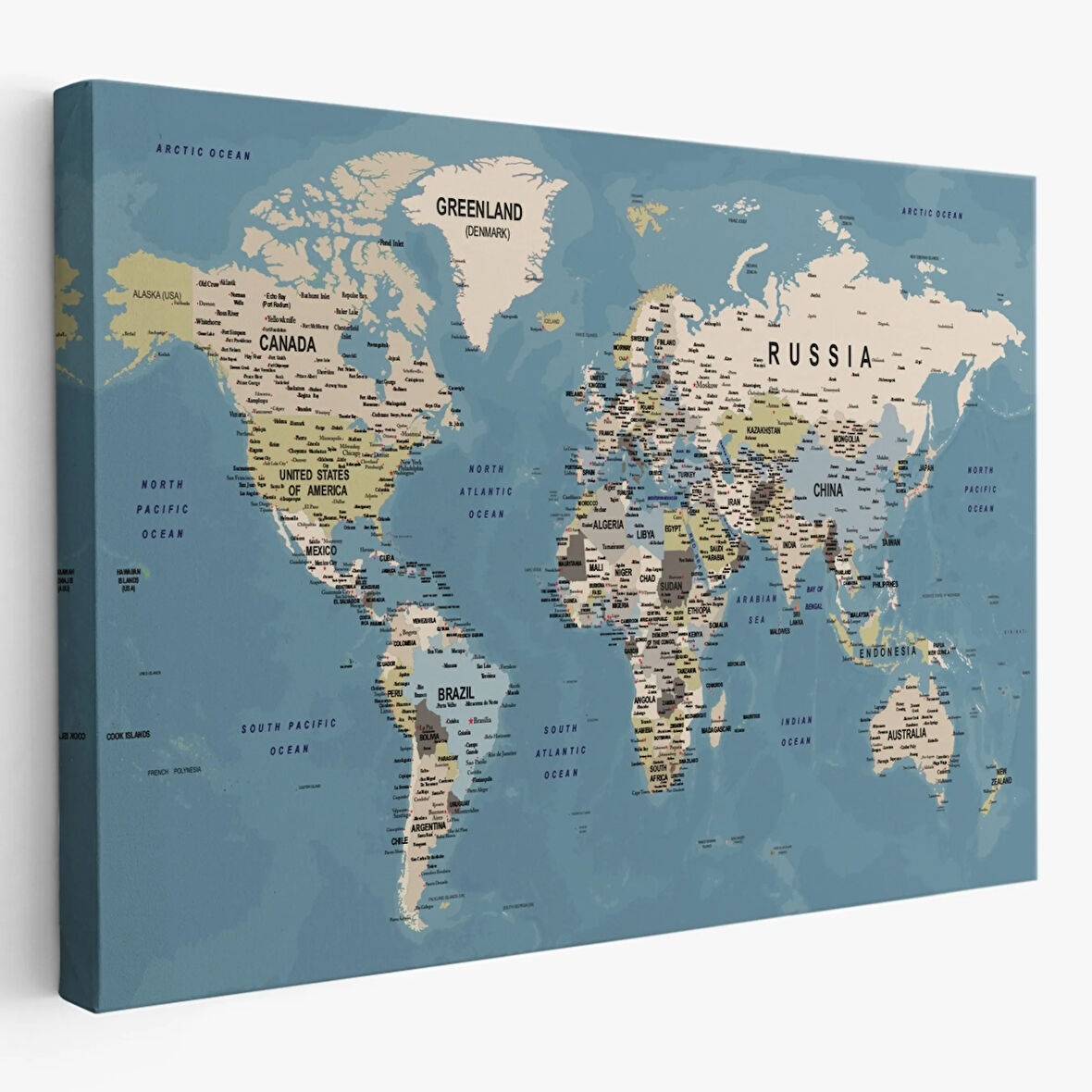 Okyanus Detay Eğitici Öğretici İngilizce Dünya Haritası Dekoratif Kanvas Tablo, Duvar Dekoru 2523