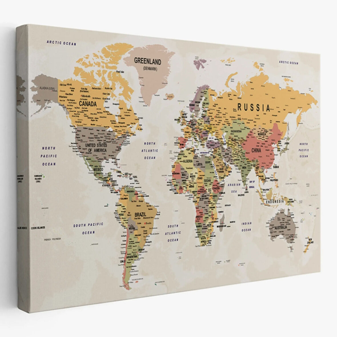 Detaylı ve Okyanuslu Eğitici İngilizce Dünya Haritası Dekoratif Kanvas Tablo, Duvar Dekoru 2525