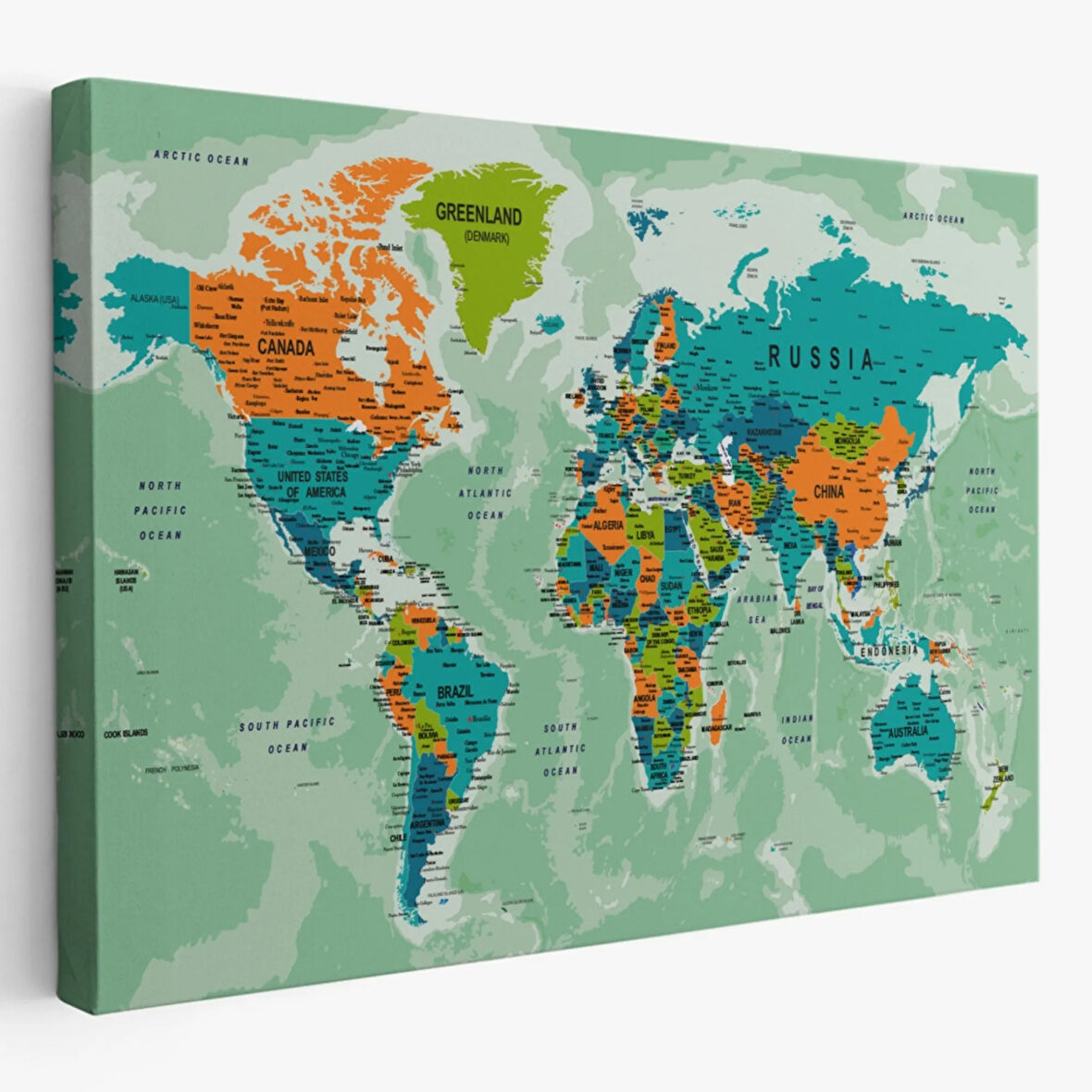 Detaylı ve Okyanuslu Eğitici İngilizce Dünya Haritası Dekoratif Kanvas Tablo, Duvar Dekoru 2543