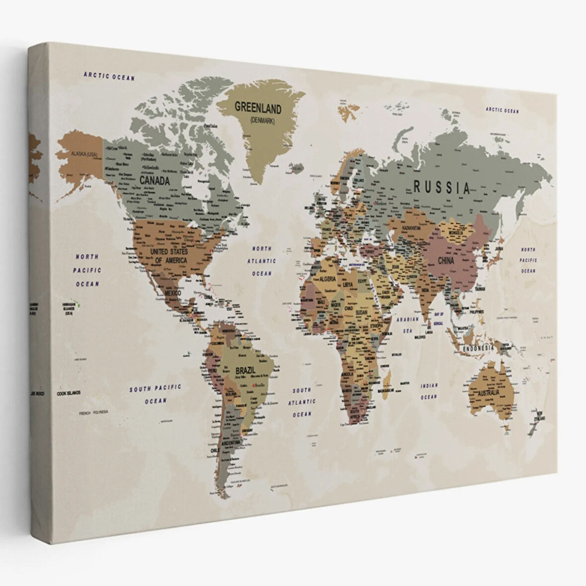 Detaylı ve Okyanuslu Eğitici İngilizce Dünya Haritası Dekoratif Kanvas Tablo, Duvar Dekoru 2551