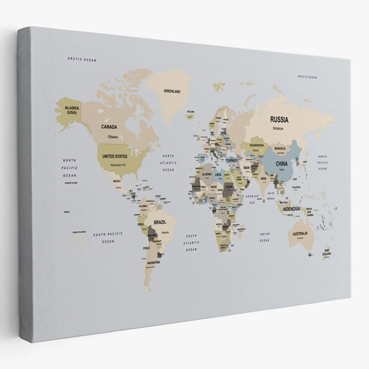 Detaylı Ülke Başkentli Eğitici İngilizce Dünya Haritası Dekoratif Kanvas Tablo, Duvar Dekoru 2597