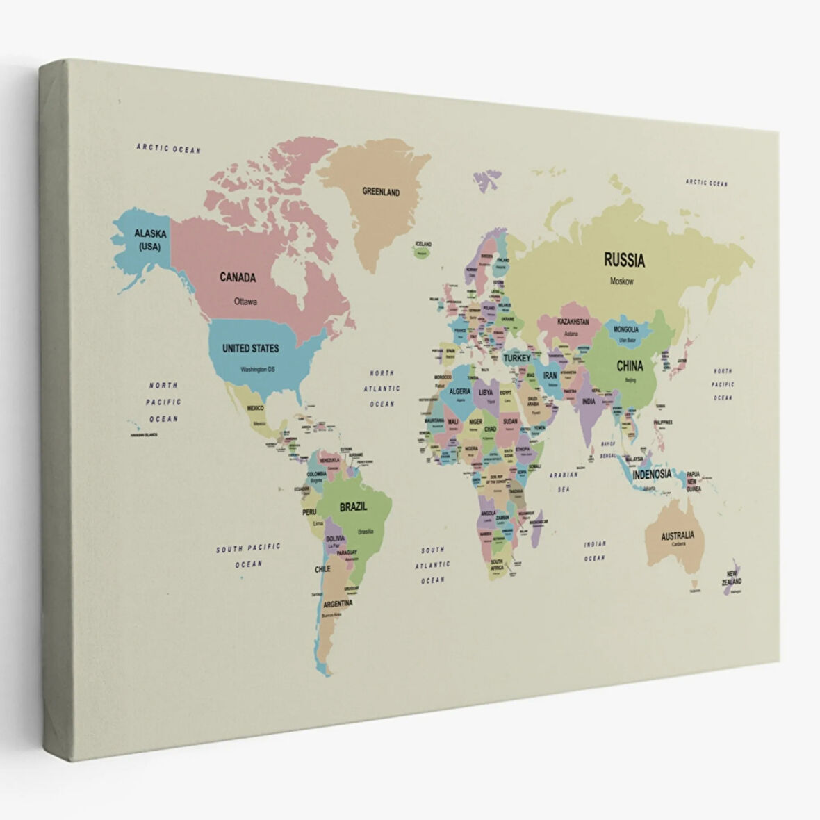 Detaylı Ülke Başkentli Eğitici İngilizce Dünya Haritası Dekoratif Kanvas Tablo, Duvar Dekoru 2603