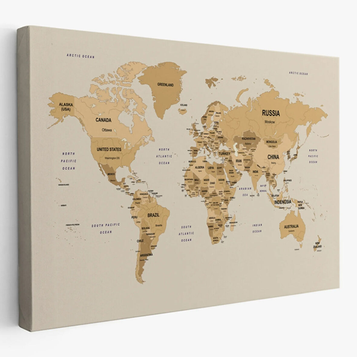 Detaylı Ülke Başkentli Eğitici İngilizce Dünya Haritası Dekoratif Kanvas Tablo, Duvar Dekoru 2619
