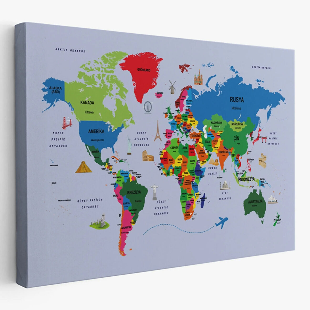 Sembollü Ülke Başkentli Eğitici Türkçe Dünya Haritası Dekoratif Kanvas Tablo, Duvar Dekoru 2704