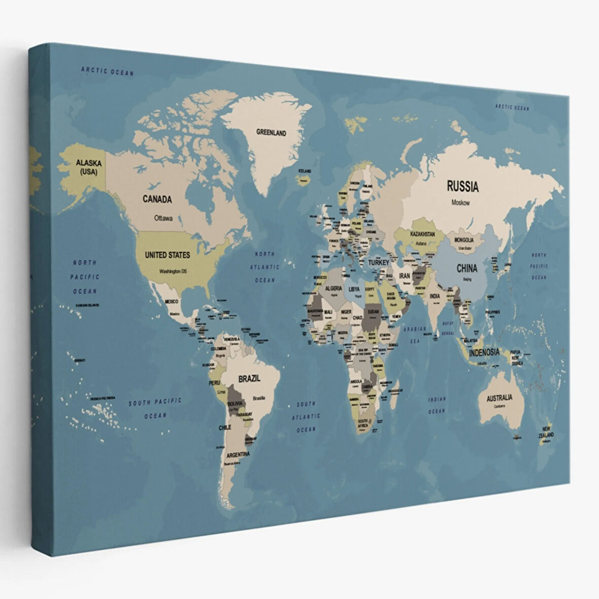 Ülke Başkentli Okyanuslu İngilizce Dünya Haritası Dekoratif Kanvas Tablo, Duvar Dekoru 2743