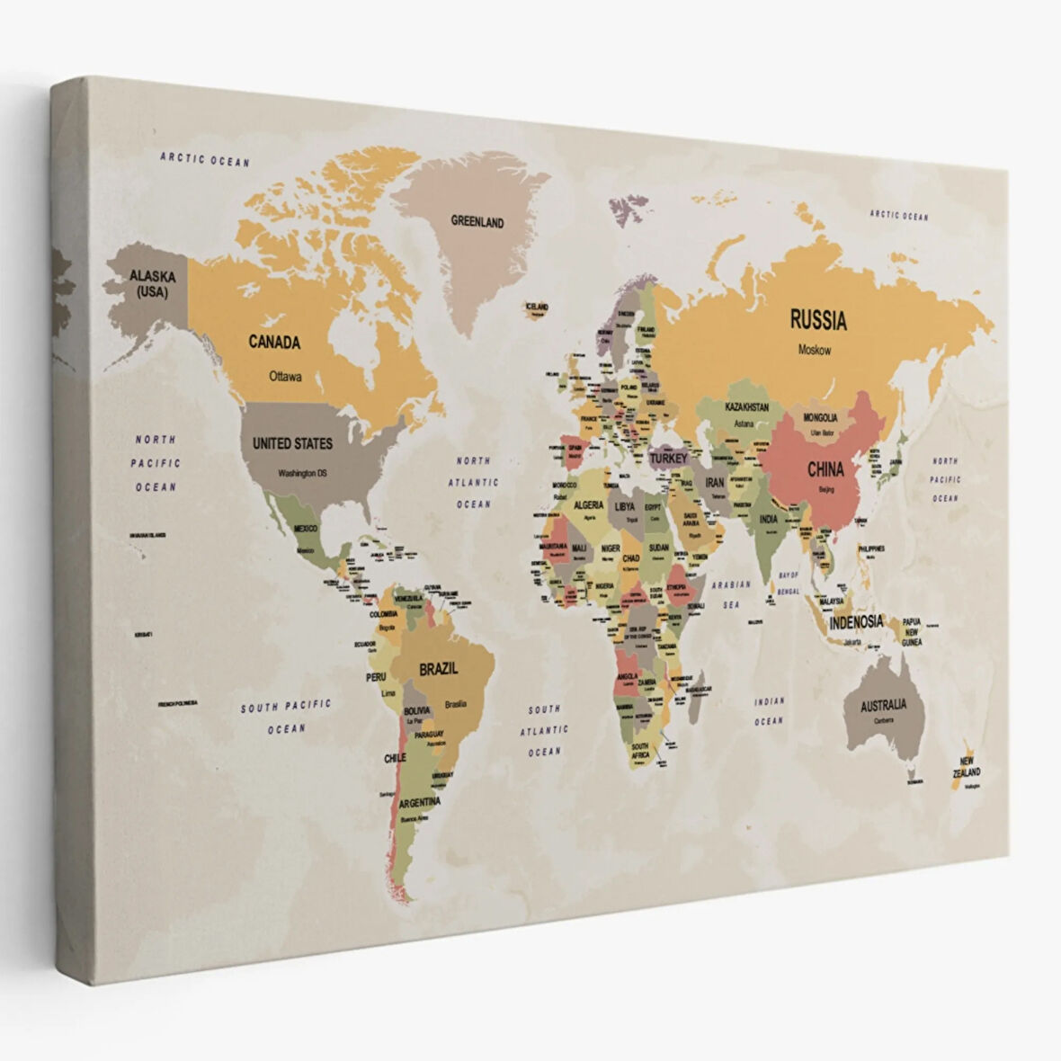 Ülke Başkentli Okyanuslu İngilizce Dünya Haritası Dekoratif Kanvas Tablo, Duvar Dekoru 2745